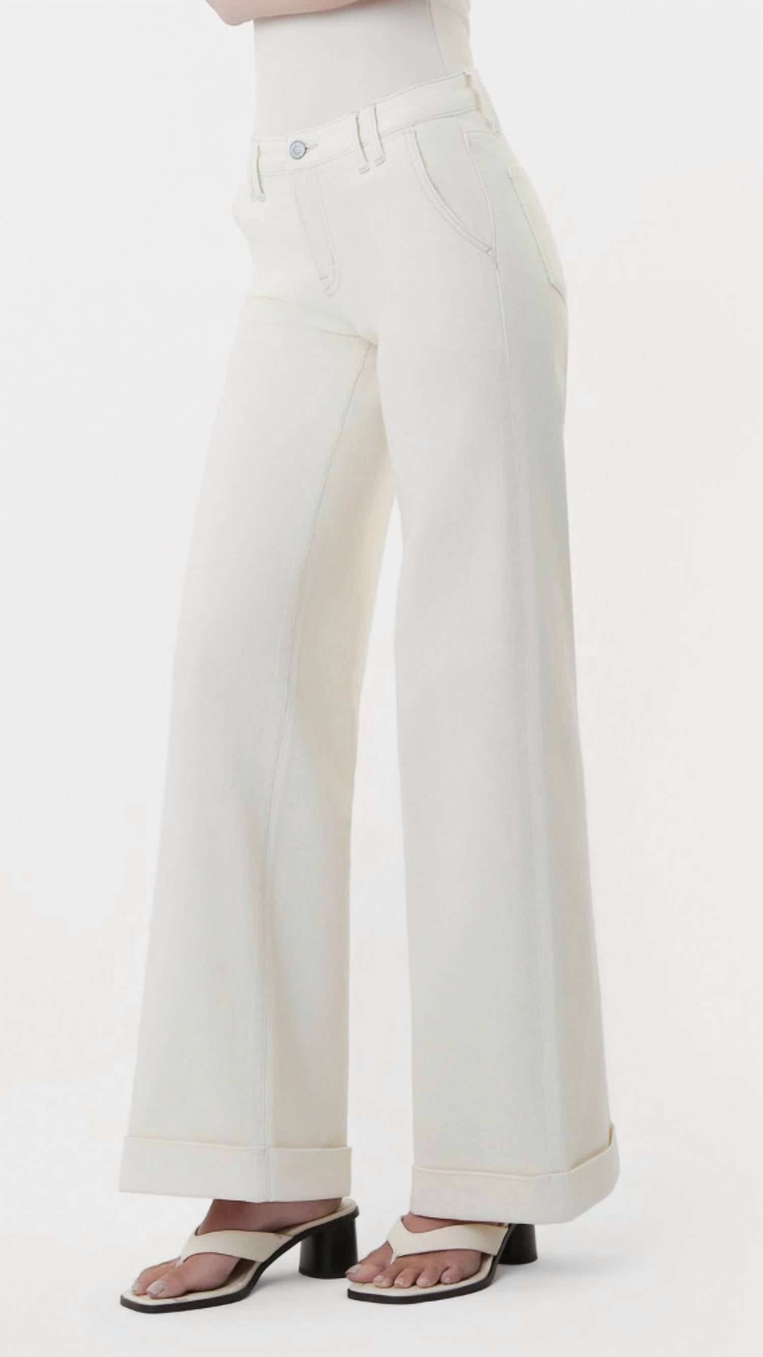 FLYING MONKEY Mid Rise Full Length Trouser Pressed Cuffed Wide Leg Jeans in ecru - women's pants - detail view