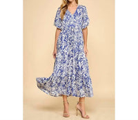 TCEC Abstract Floral Print Waist Tie Midi Dress in blue - women's dress