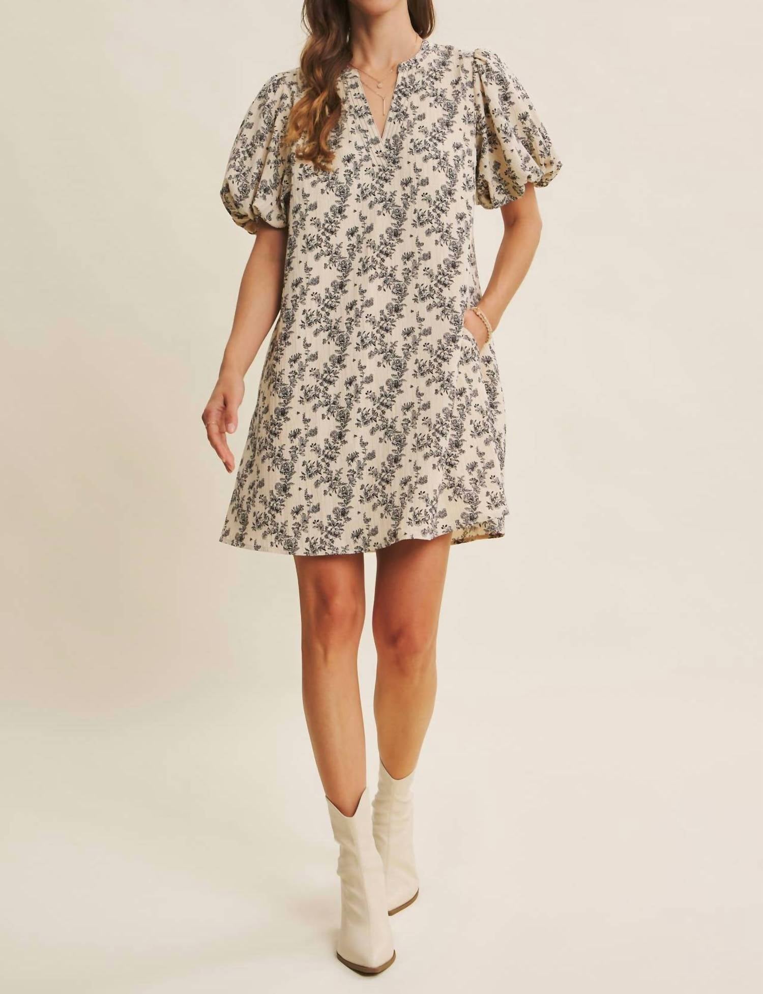 In February - Cream Mini A-line Dress With Black Floral Details - 'savannah Dress'