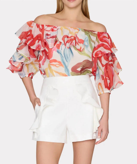 Milly - Floraison Rouge Organza Ruffle Top