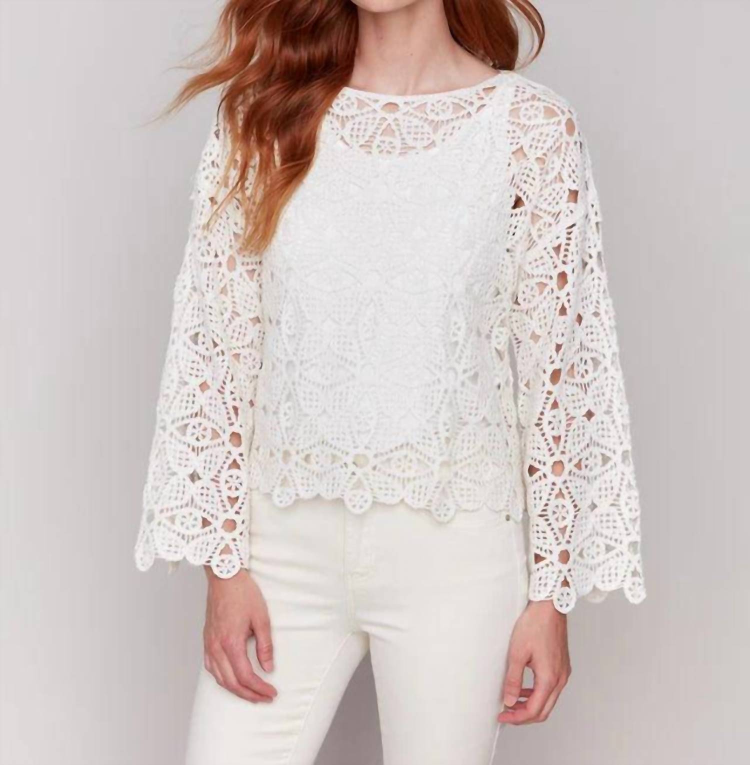 Charlie B - Crochet Long Sleeve Boatneck Top