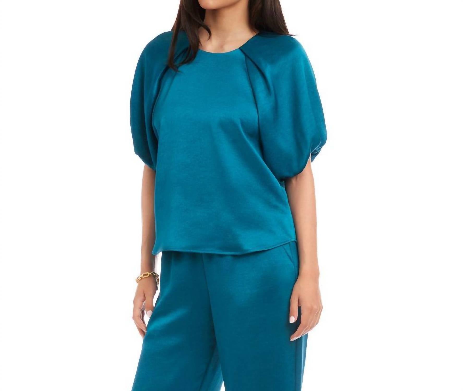 Karen Kane Puff Sleeve Satin Top in teal - women's blouse - alternate view