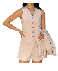 Sweetkama - Tailored V-neck Vest & Shorts Set