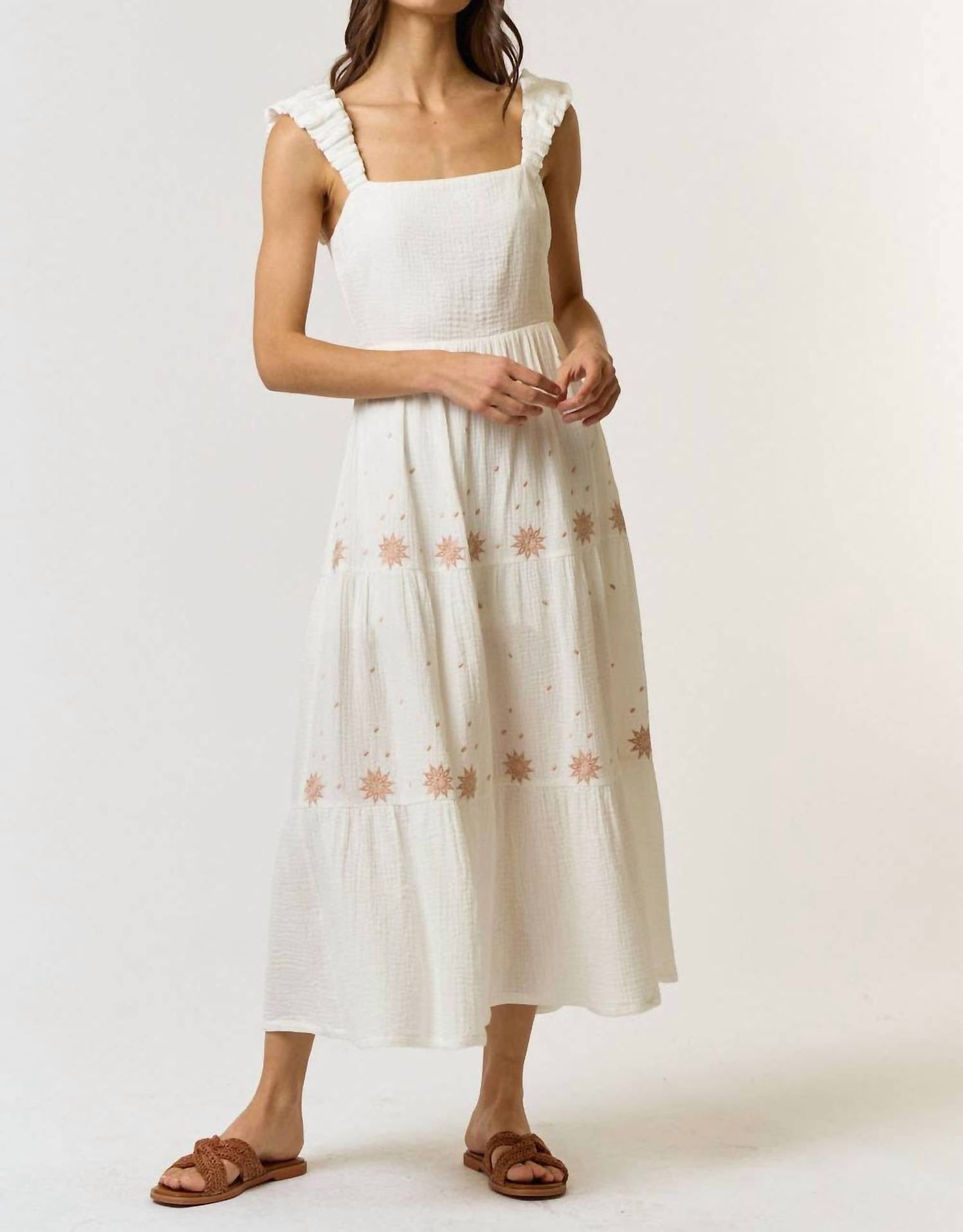 Lalavon - Cotton Gauze Embroidery Back Cutout Midi Dress