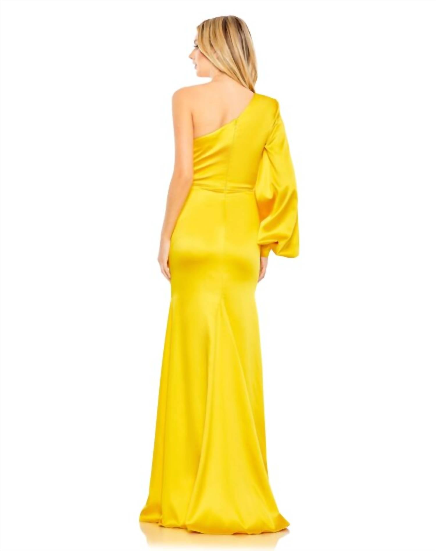 Ieena For Mac Duggal - Yellow One Shoulder Bishop Sleeve Trumpet Gown