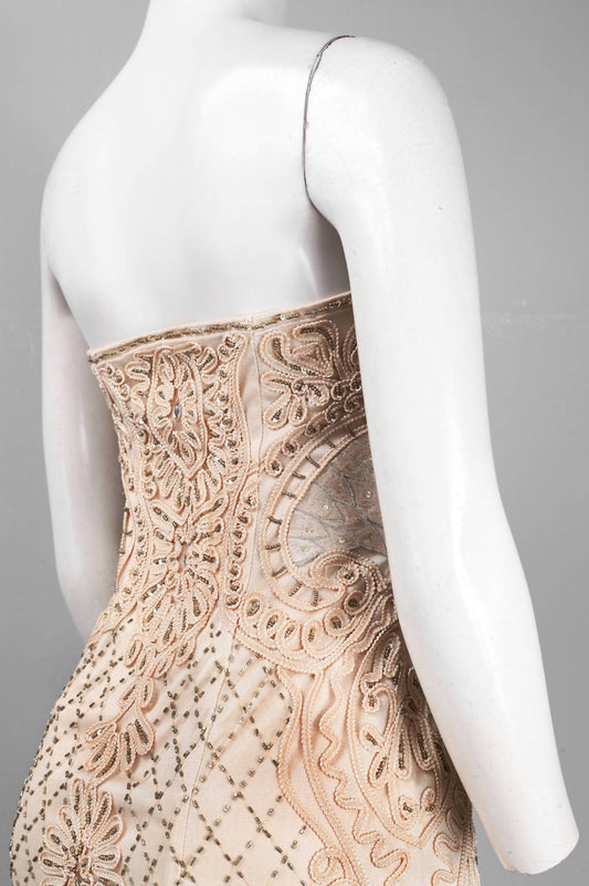 Sue Wong - Strapless Beaded Ribbon Swirl Mesh Dress