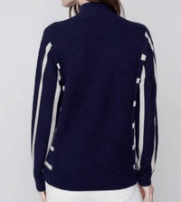 CHARLIE B Cowl Neck Stripe Arm Sweater in navy - women's sweater - detail view