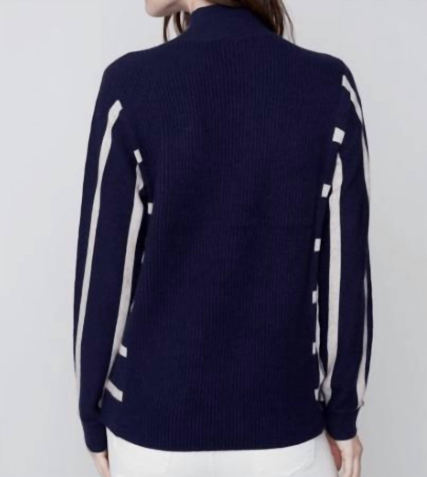 CHARLIE B Cowl Neck Stripe Arm Sweater in navy - women's sweater - detail view