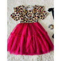 Lulu Clothes - Girl's Leopard Print Ruffle Sleeve Dress With Hot Pink Tulle Skirt