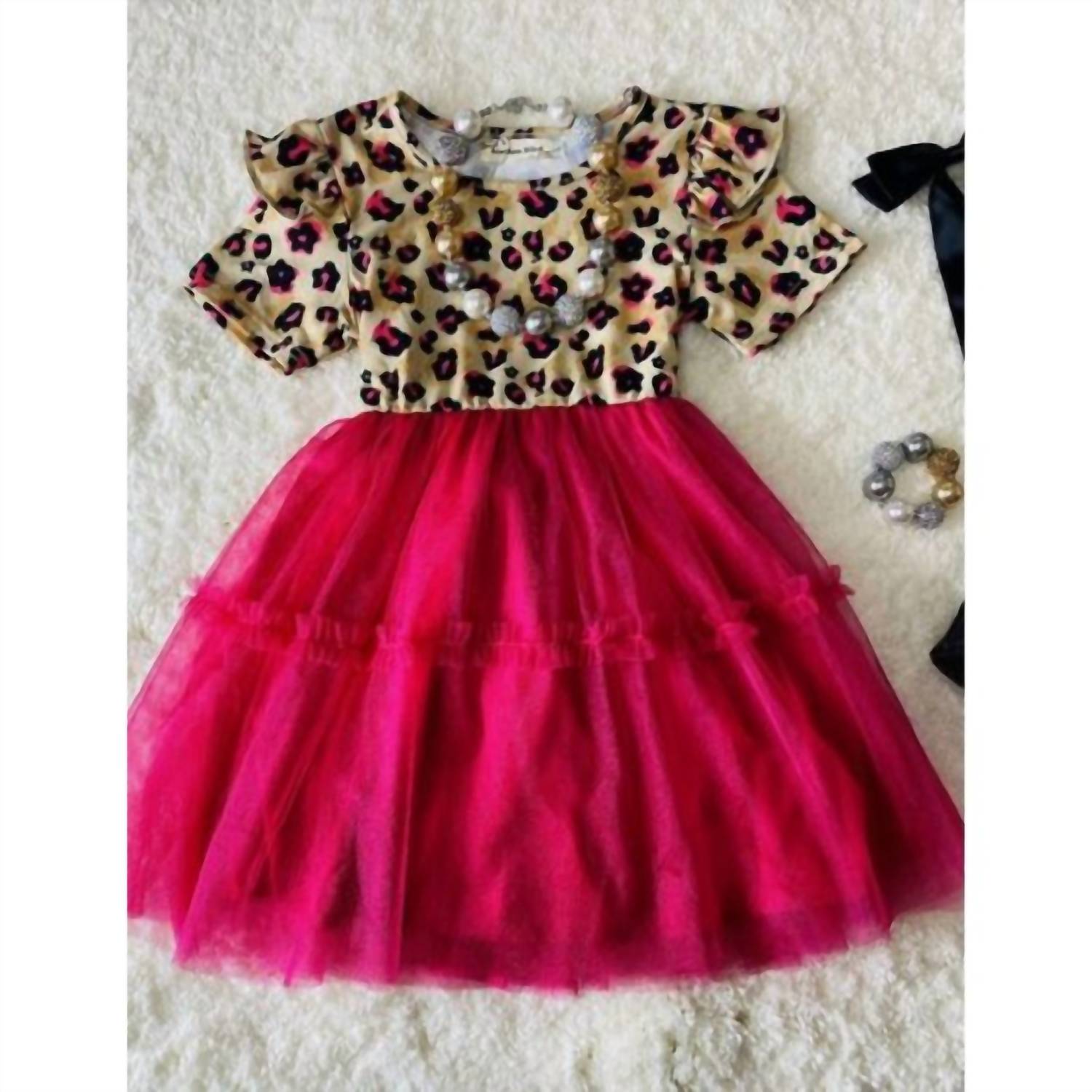 Lulu Clothes - Girl's Leopard Print Ruffle Sleeve Dress With Hot Pink Tulle Skirt