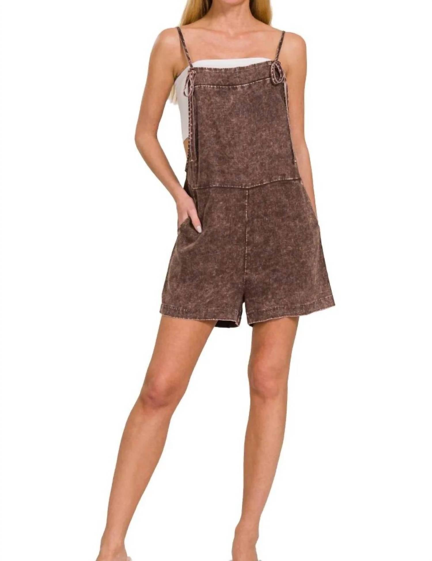 Zenana - Washed Linen Knot Strap Rompers