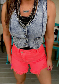 RISEN Ada Asymmetrical Distressed Shorts in coral pink - women's shorts - view 5