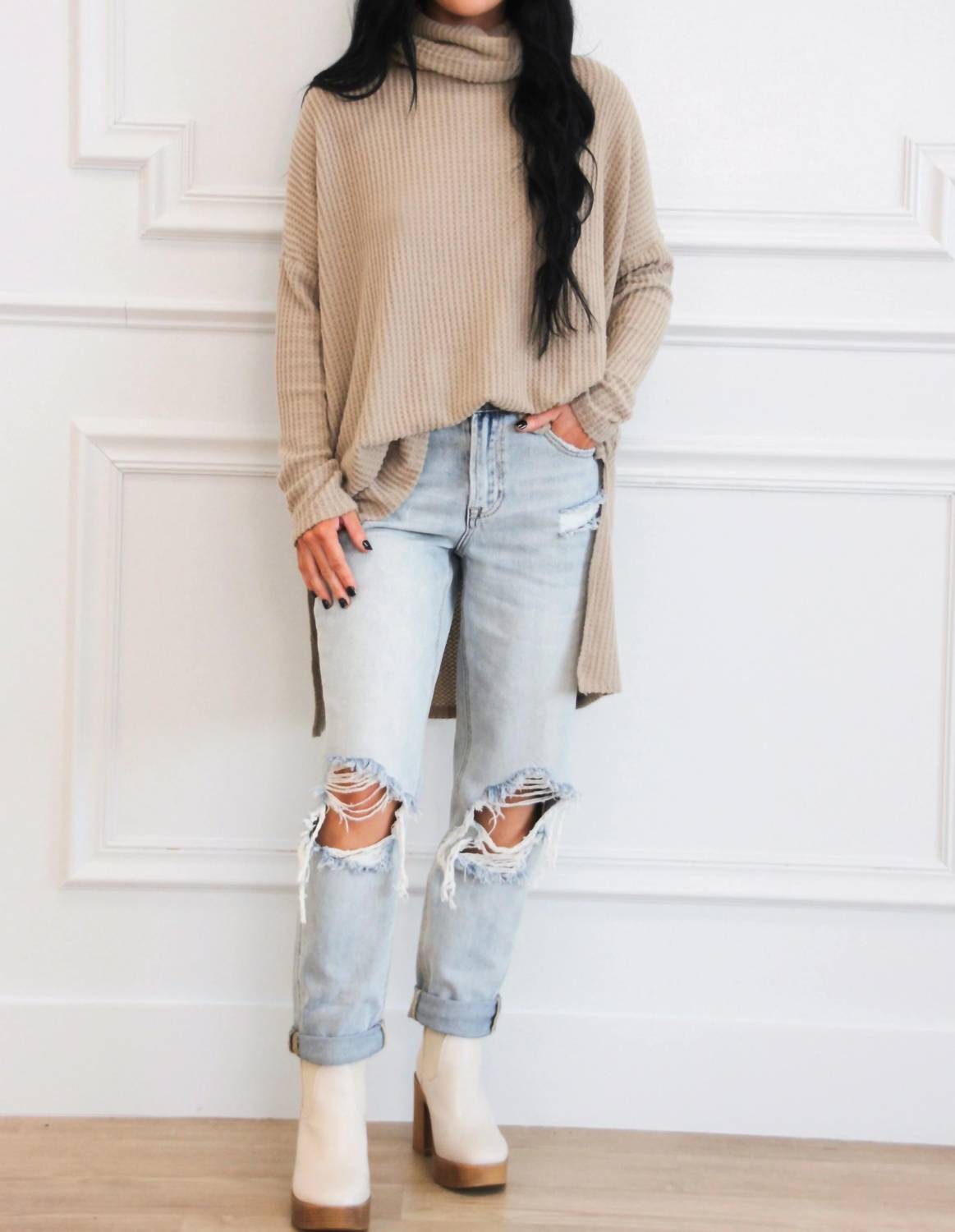Zenana - Oversized Long Sleeves Thermal Sweater