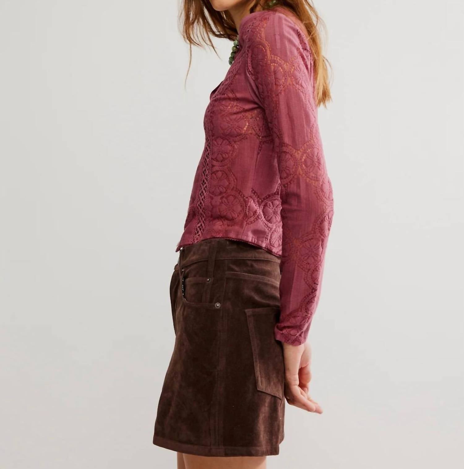 Free People Jae Sheer Lace Knit Top in crushed berry - women's blouse - detail view