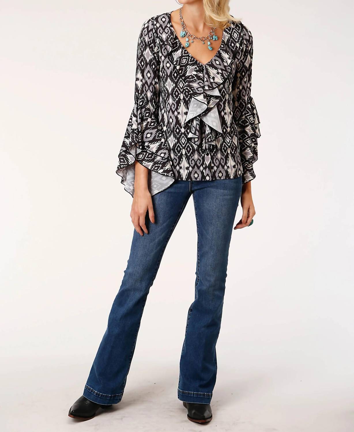 Roper - Women Ikat Long Sleeves Ruffled Blouse