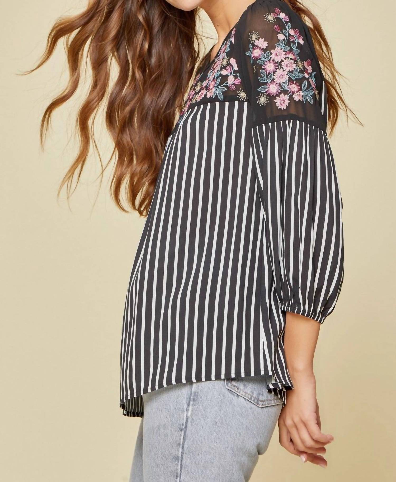 Andree By Unit - Floral Embroidered & Striped Top