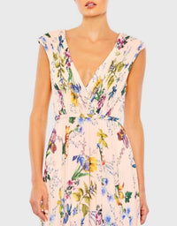 Mac Duggal - Pleated Floral Cap Sleeve A Line Gown