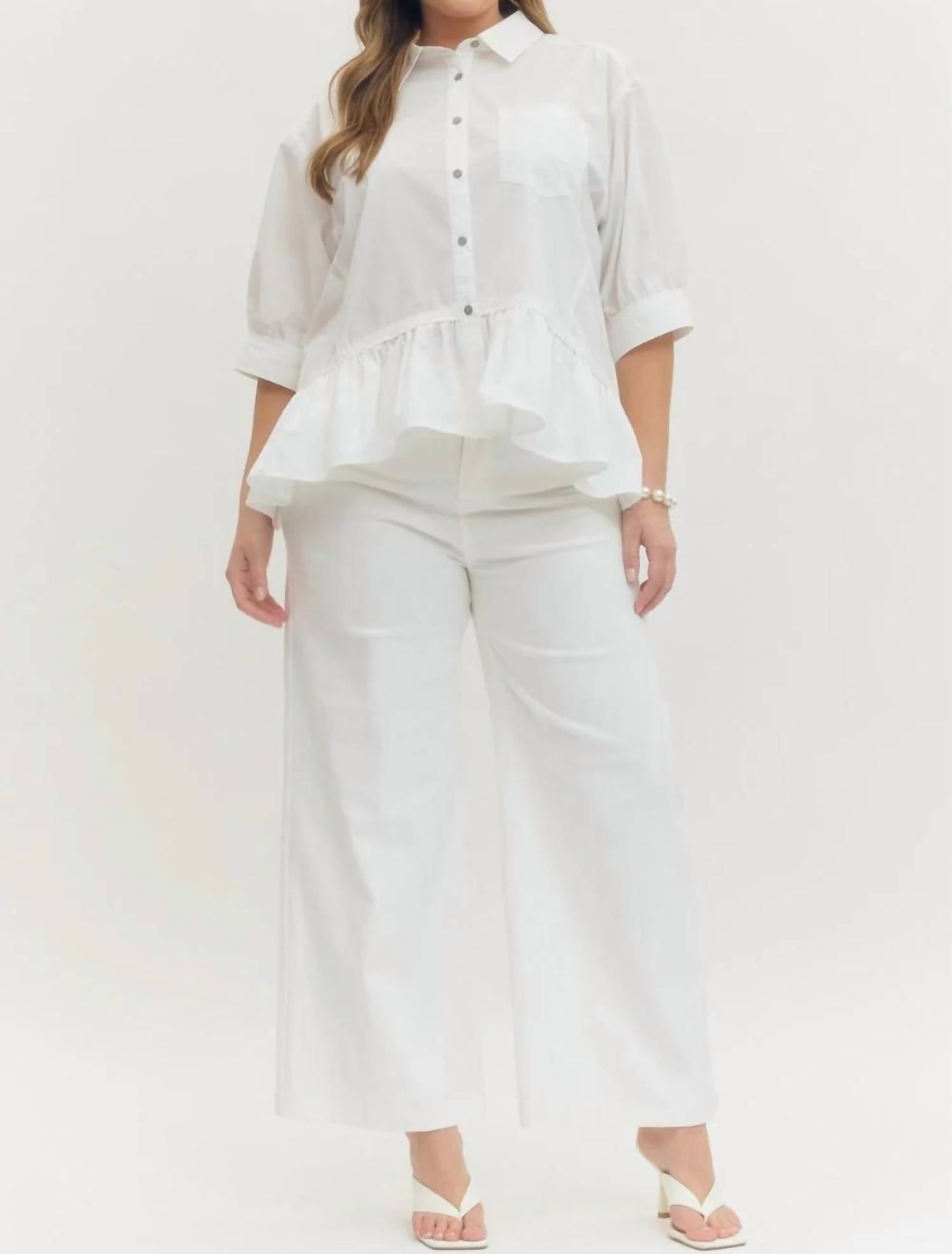 Entro - Chic Ruffle Hem Button-Up Blouse - Plus