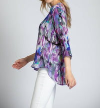 Apny - Brush Stroke ¾ Sleeve Mandarin Collar Button Up Blouse