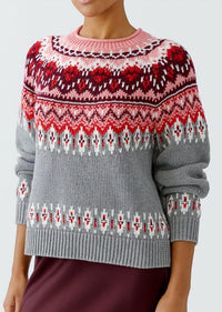 Oui Fair Isle Sweater Top in grey red - women's sweater
