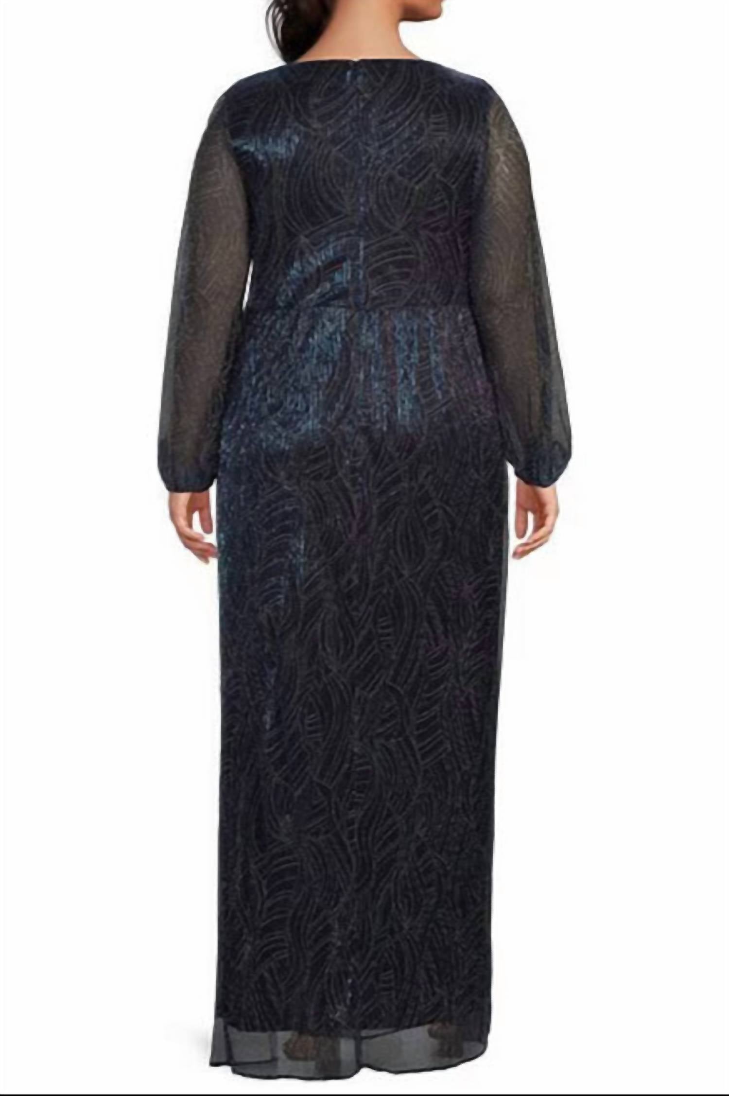 Adrianna Papell - Metallic Mesh Surplice V-neck Long Sleeve A-line Dress - Plus