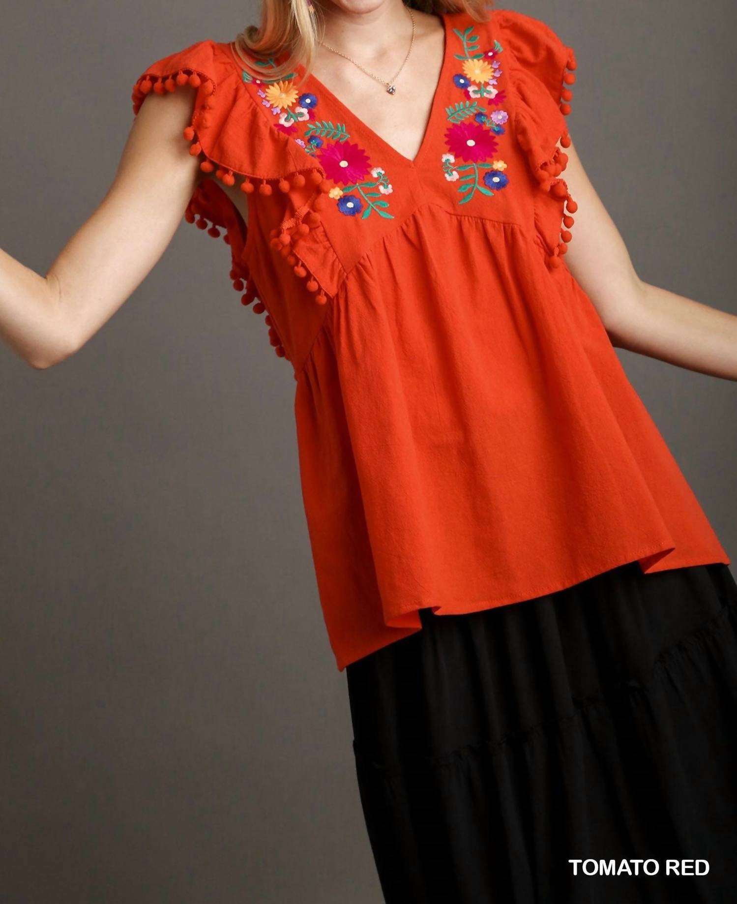 Umgee - Floral Embroidery Pom Pom Trim Top