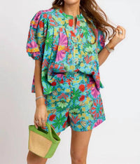 Karlie - Tropical Pleated Sleeve Top