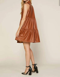 Skies Are Blue - Sleeveless Vegan Leather Tiered V-neck Dress