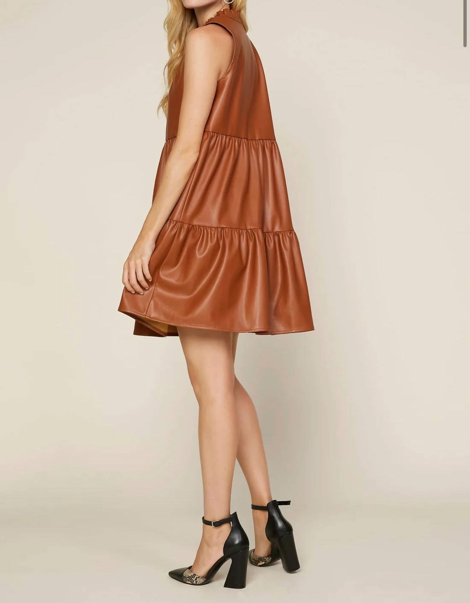 Skies Are Blue - Sleeveless Vegan Leather Tiered V-neck Dress