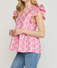 entro Floral Jacquard Ruffle Top in pink - women's blouse - alternate view