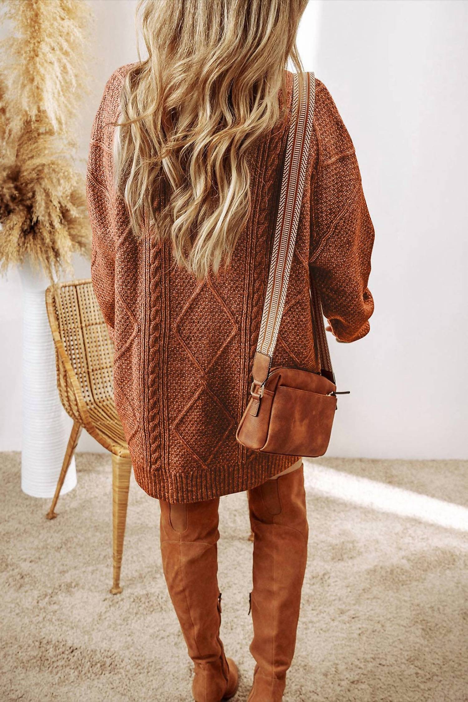 Lovesoft - Cable Knit Drop Shoulder Loose Fit Sweater Dress