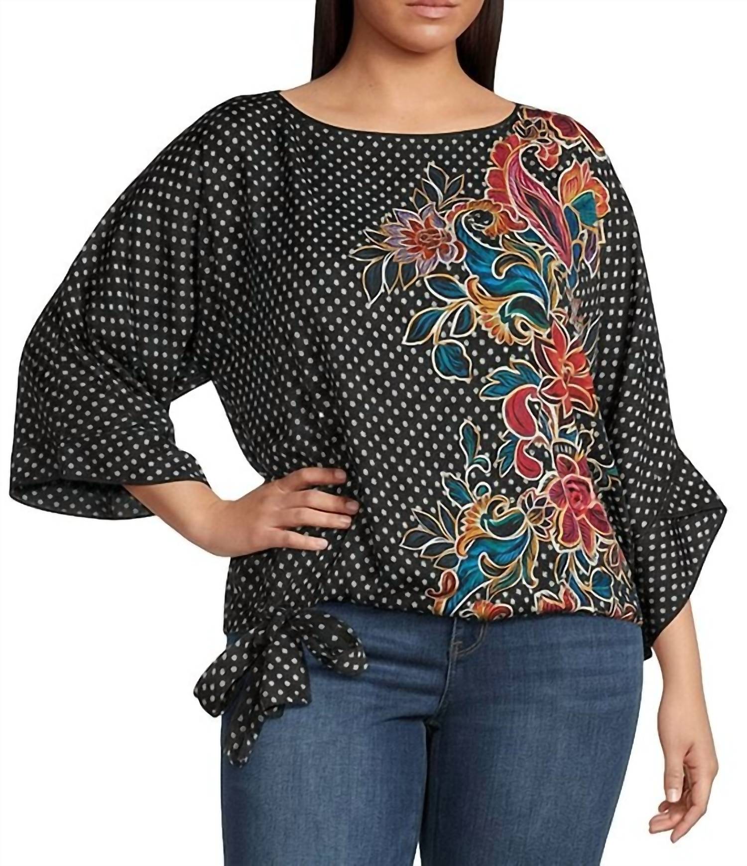 Democracy - 3/4 Dolman Sleeve Polka Dot & Floral Boatneck Top