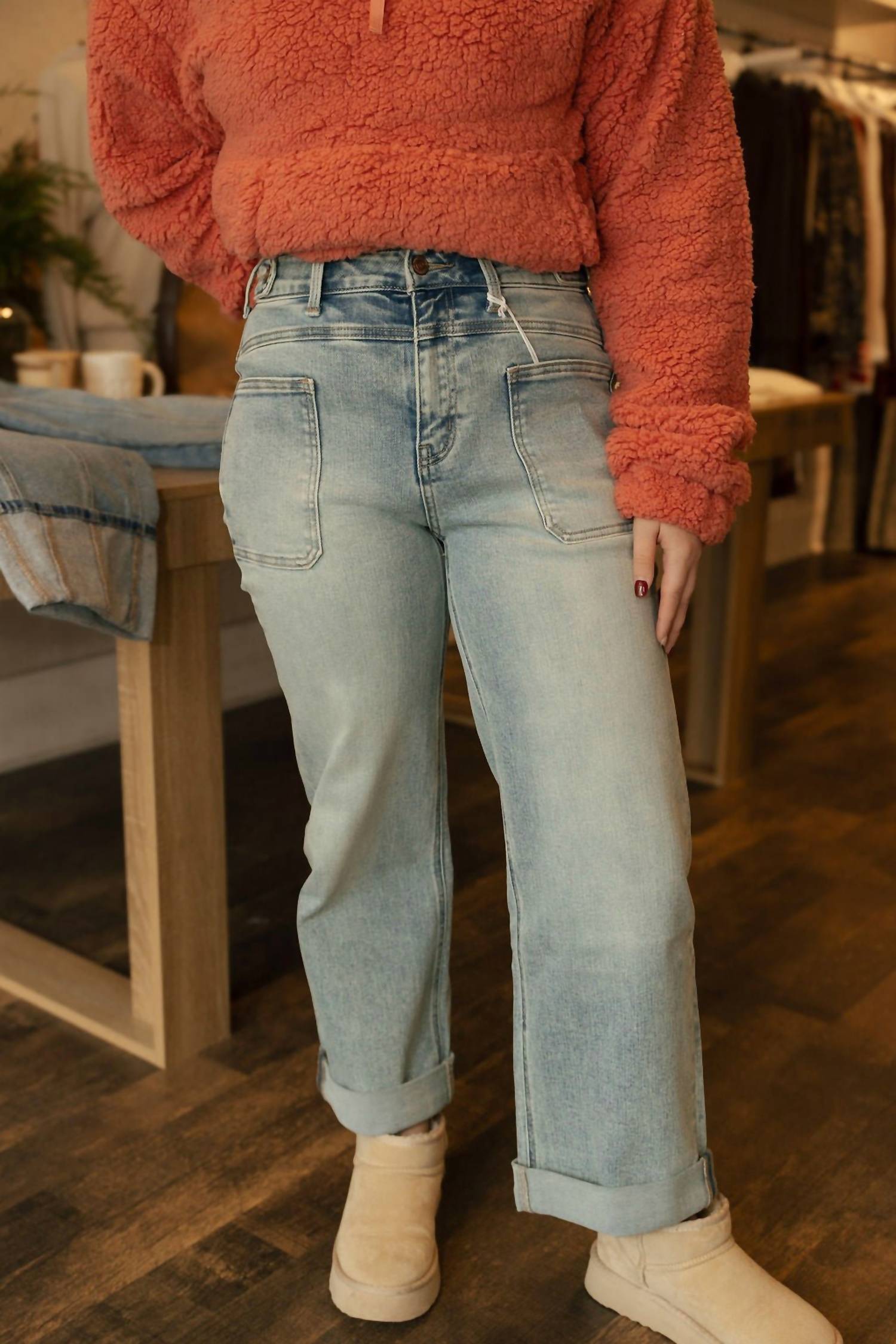 Flying Monkey - Tab Waistband Cuff Slim Wide Jeans