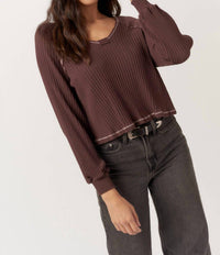PROJECT SOCIAL T Homebody V-neck Rib Long Sleeve Top in dark mocha - women's long sleeve top