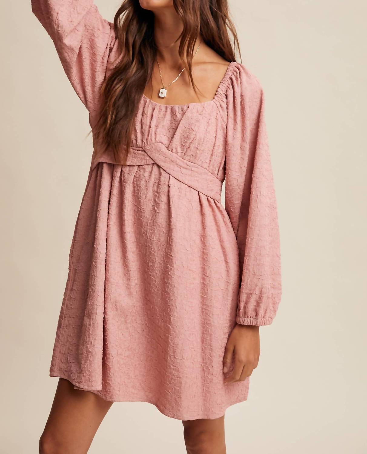 Listicle - Textured Square Neck Babydoll Mini Dress