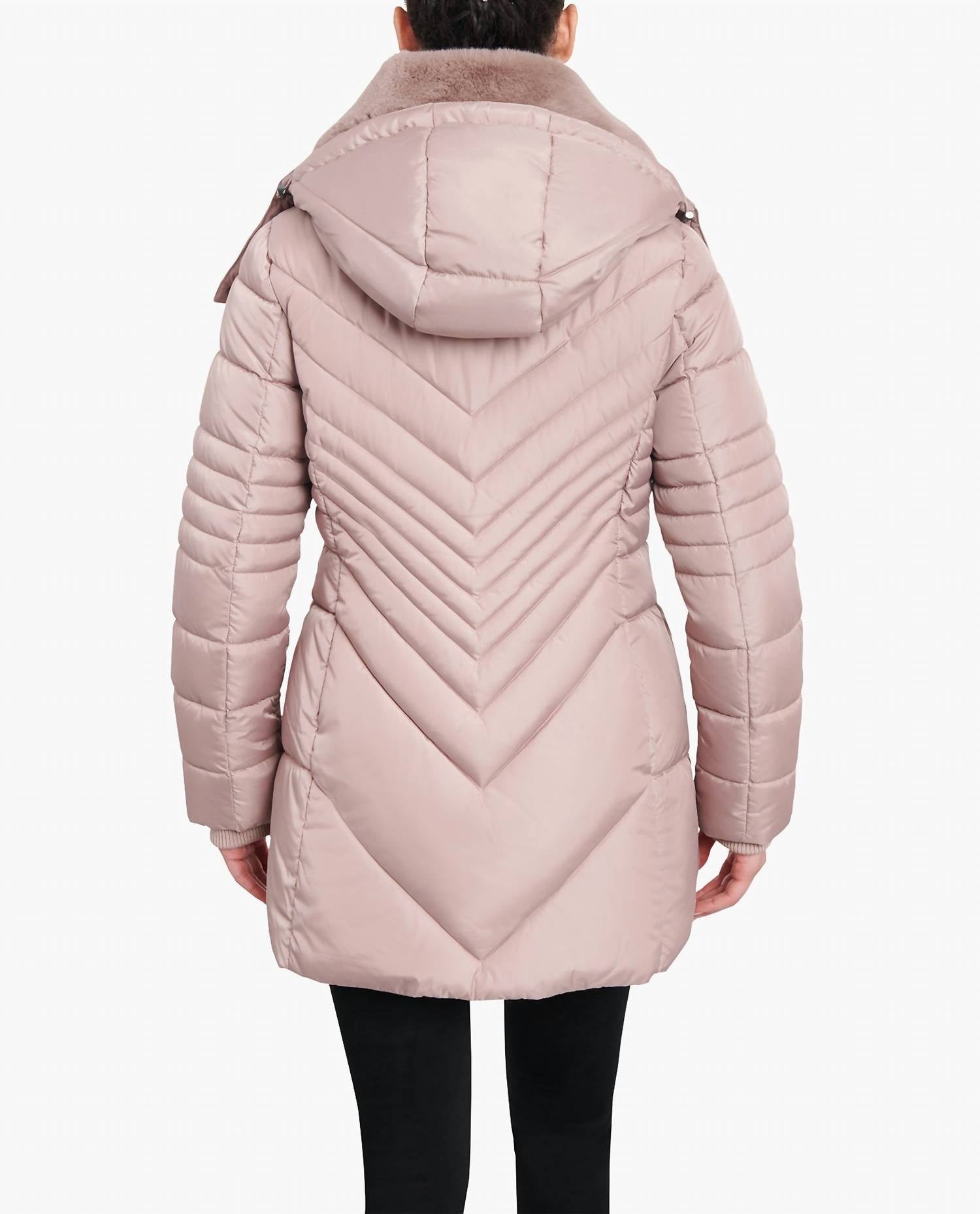 London Fog - Zip-front Hooded Puffer Jacket With Button-off Fur Collar