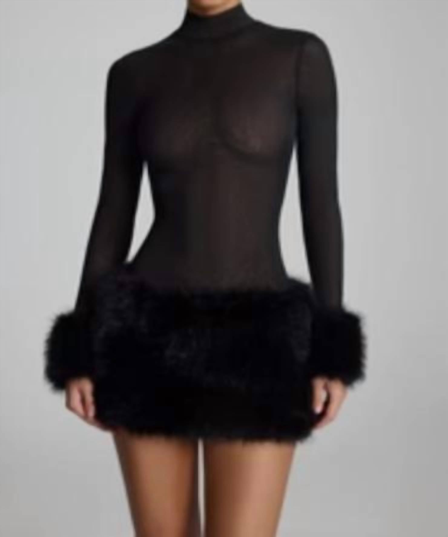 Oh Polly - Belladonna Faux Fur-trim Turtleneck Mini Dress
