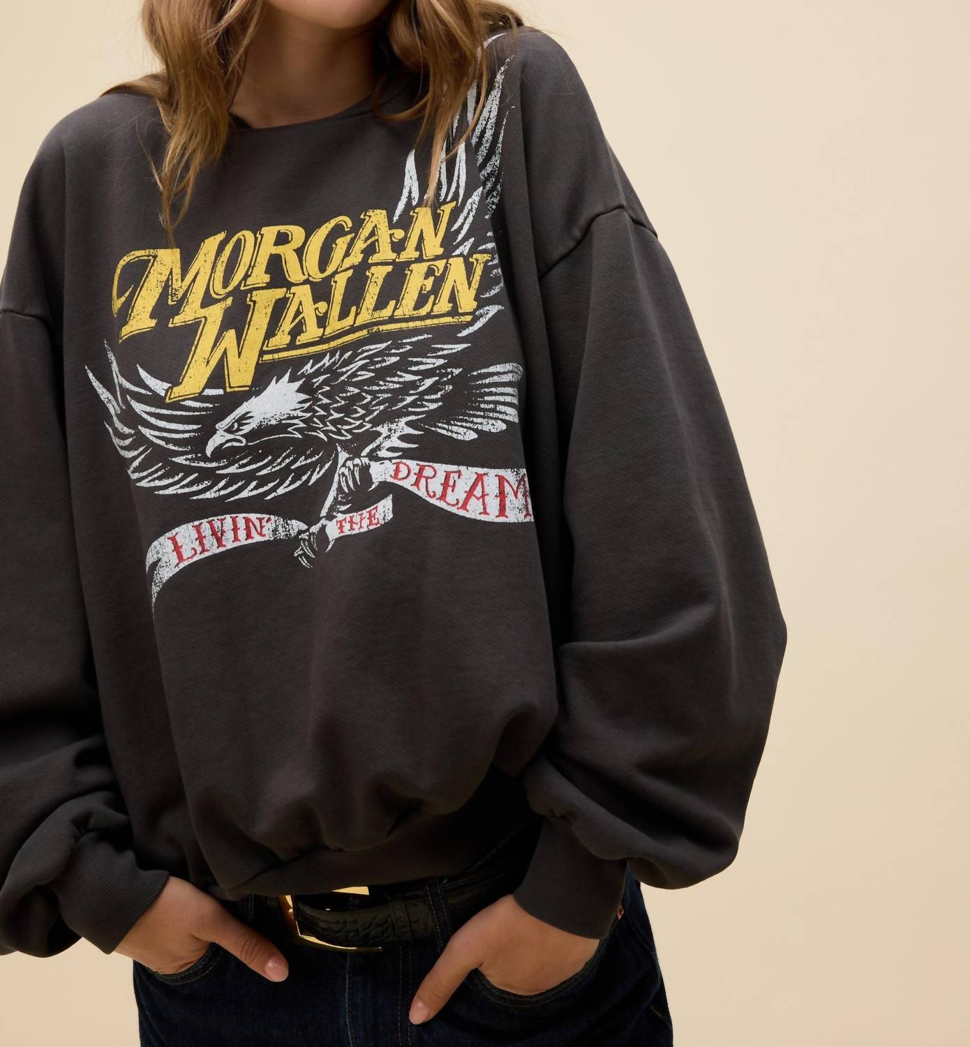 DAYDREAMER Women's Morgan Wallen Classic Eagle Oversized Crew Sweatshirt in washed black - women's top