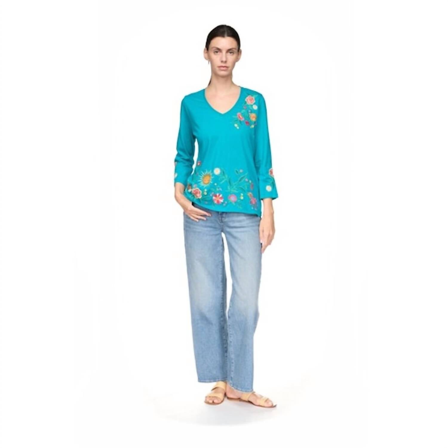 Johnny Was - Ziviana 3/4 Sleeve Trapunto V-neck Tee