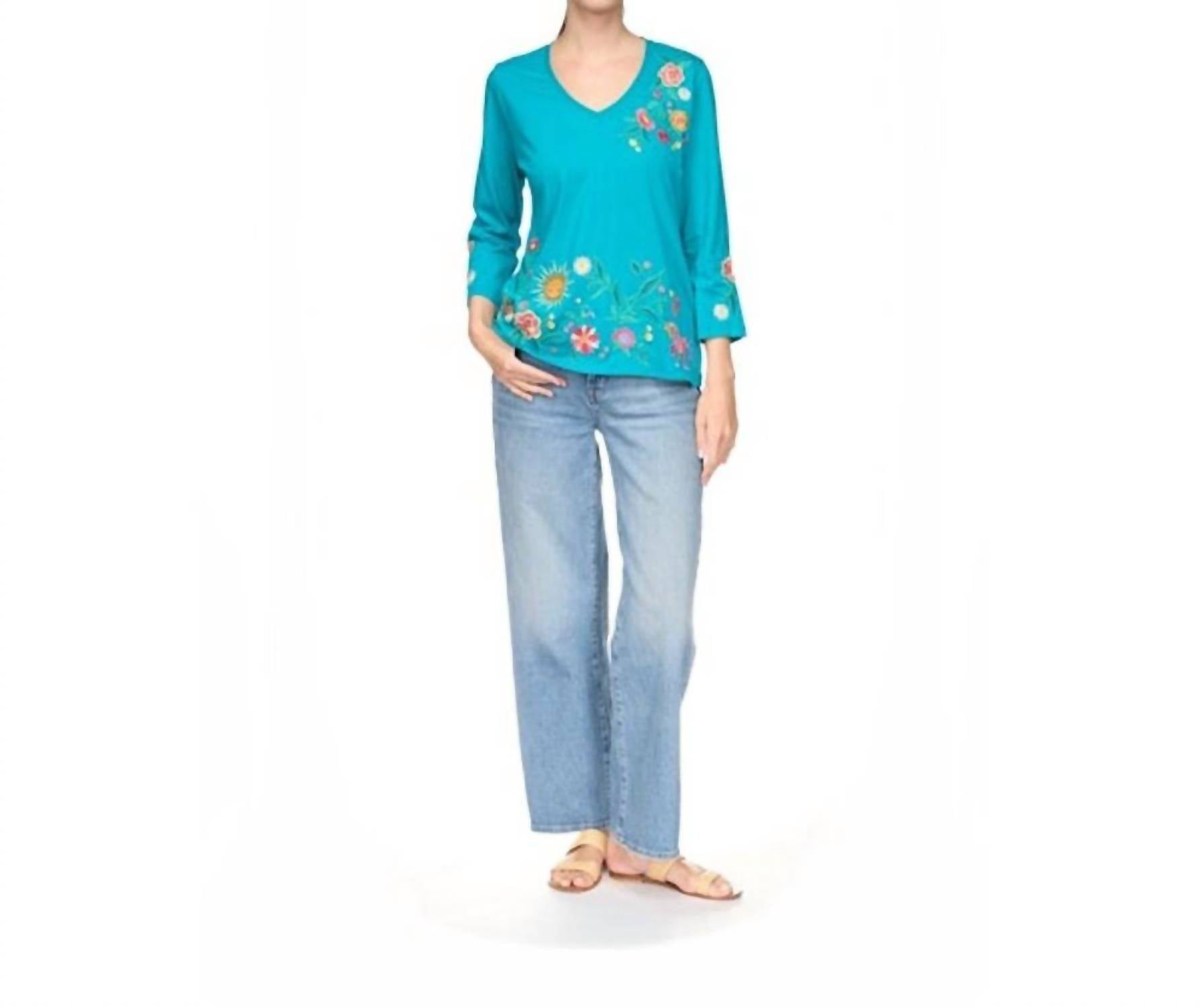 Johnny Was - Ziviana 3/4 Sleeve Trapunto V-neck Tee