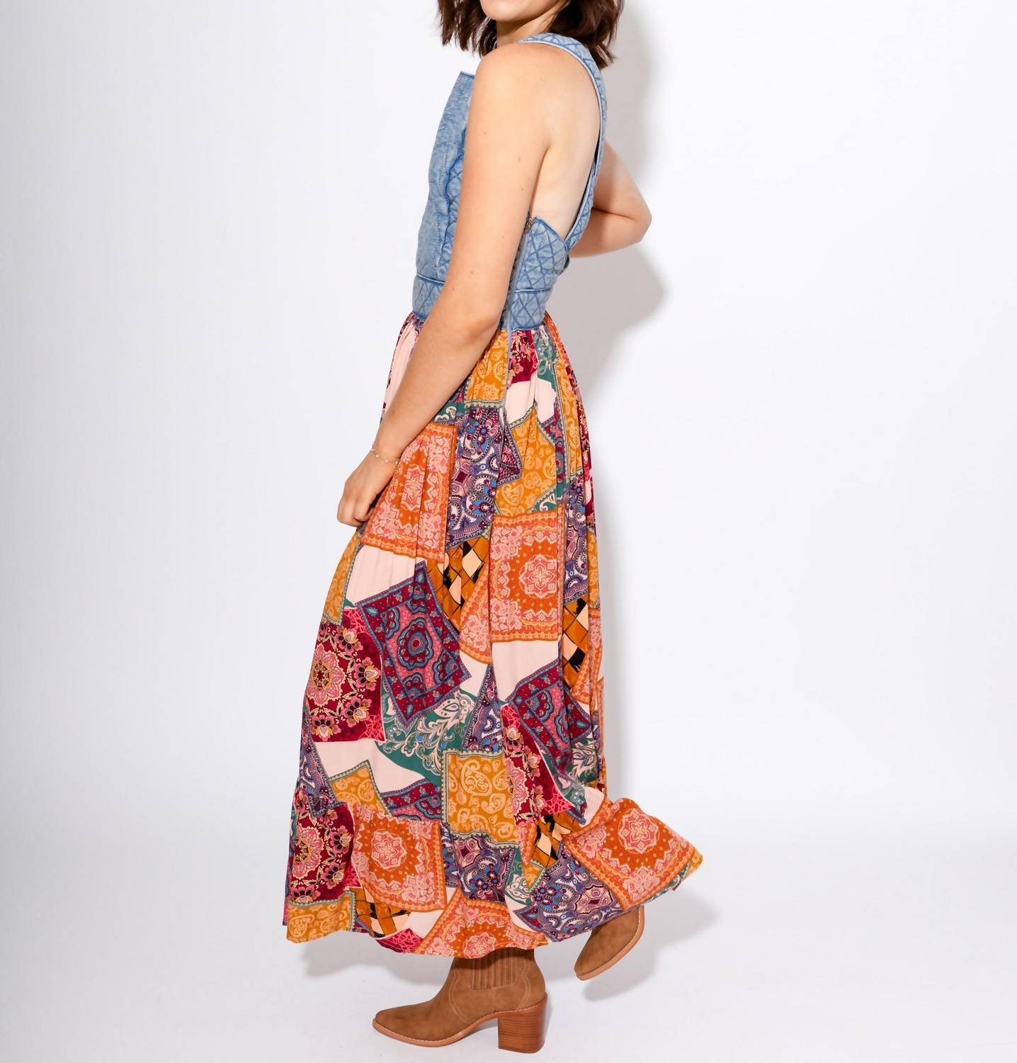 Fate - Washed Denim Quilted Bust Mix Media Dress