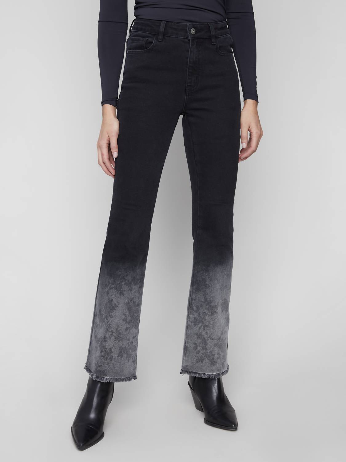 Charlie B - Flare Leg Denim Pants With Flower Washblast Hem