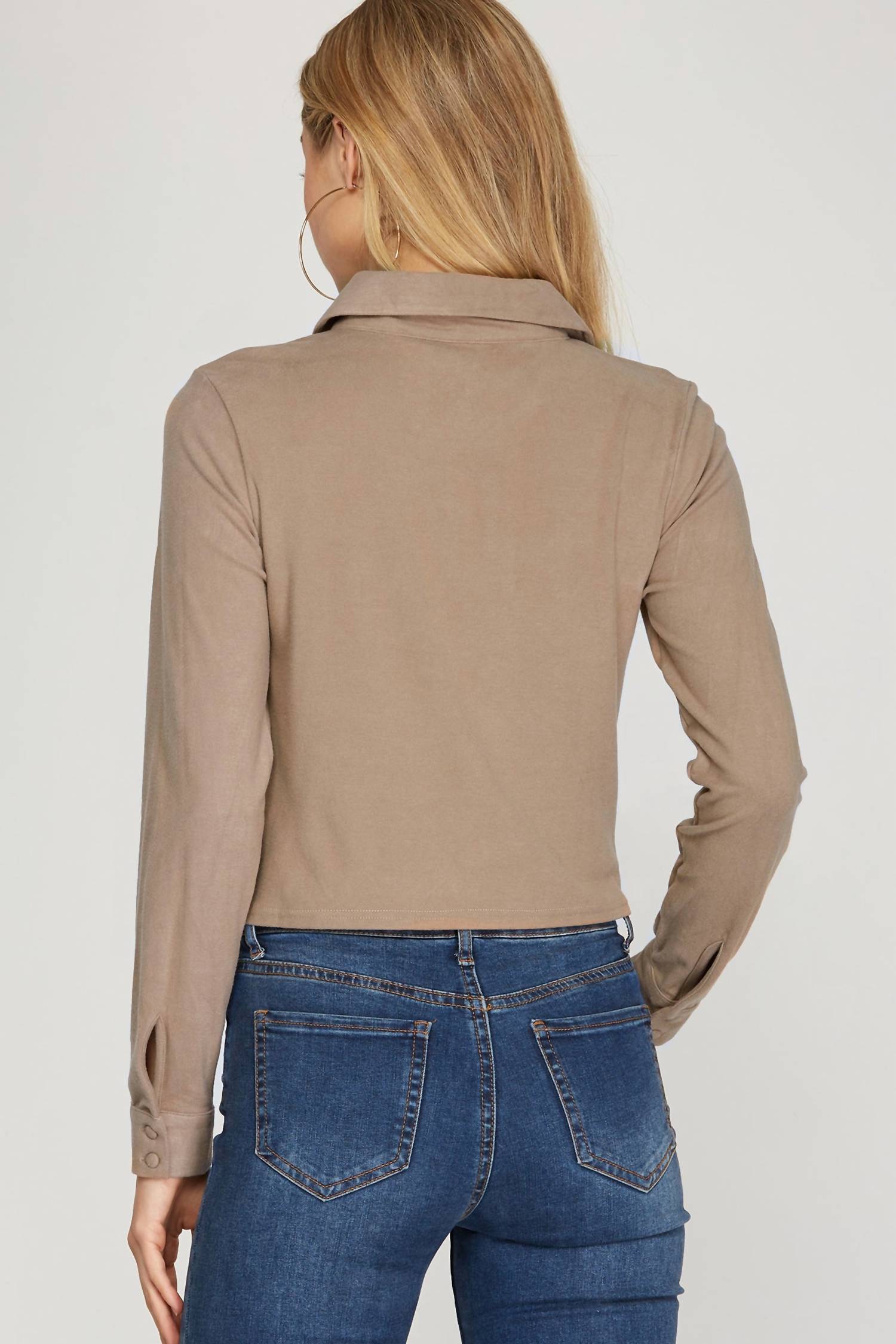 She + Sky - Long Cuff Sleeve Brushed Stretch Knit Top