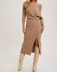 Bluivy - One Shoulder Off Side Slit Midi Knit Sweater Dress