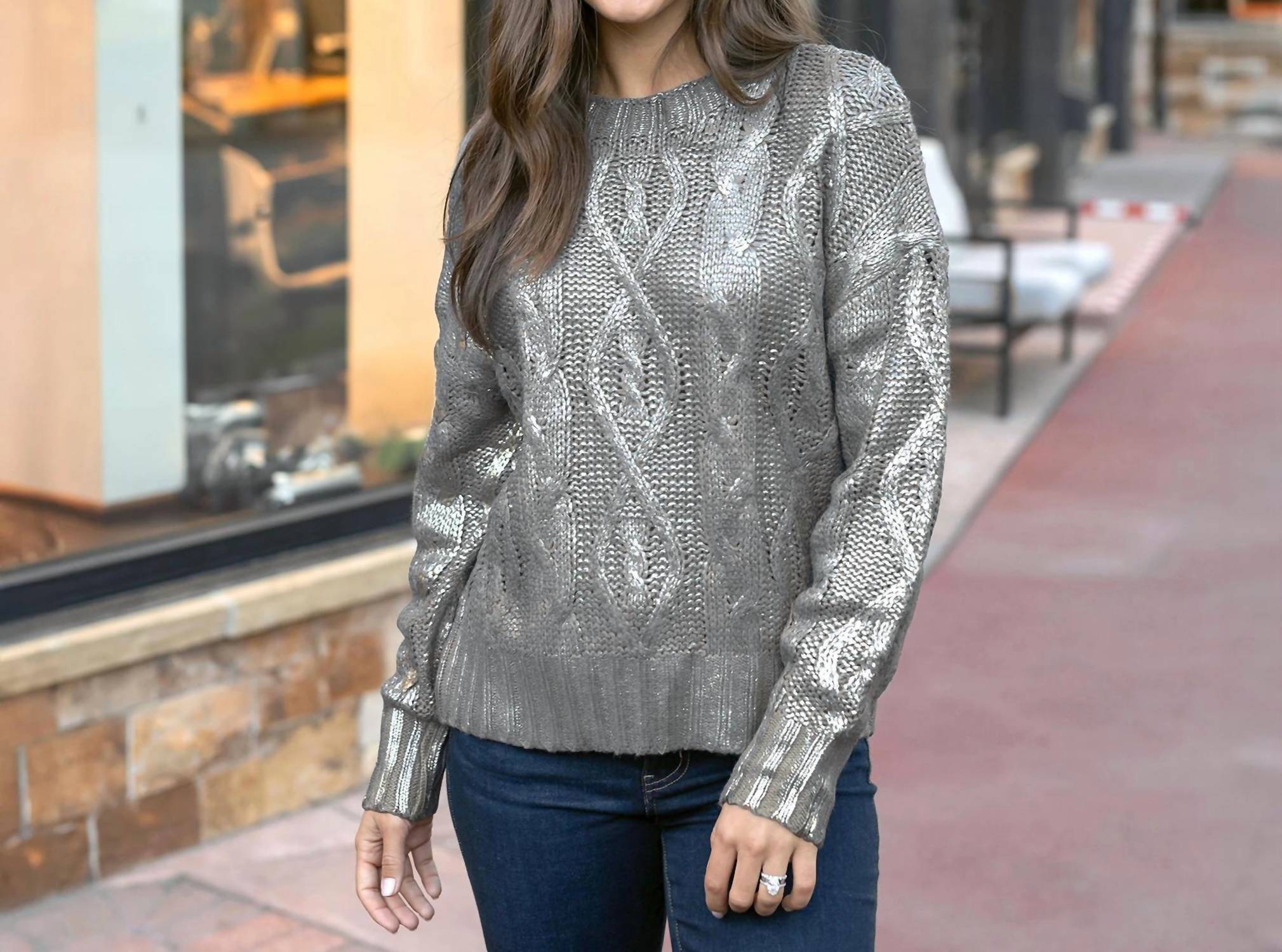 Grace and Lace Foiled Cable Knit Sweater in champagne shimmer - women's sweater - view 7