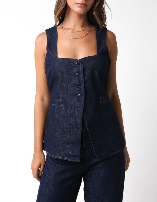 Olivaceous - Sleeveless Denim Button Front Vest Top