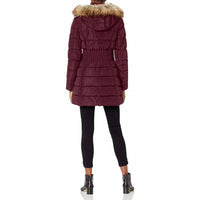 3/4 Puffer Zig Zag Cinched Waist Faux Fur Trim Hood Jacket