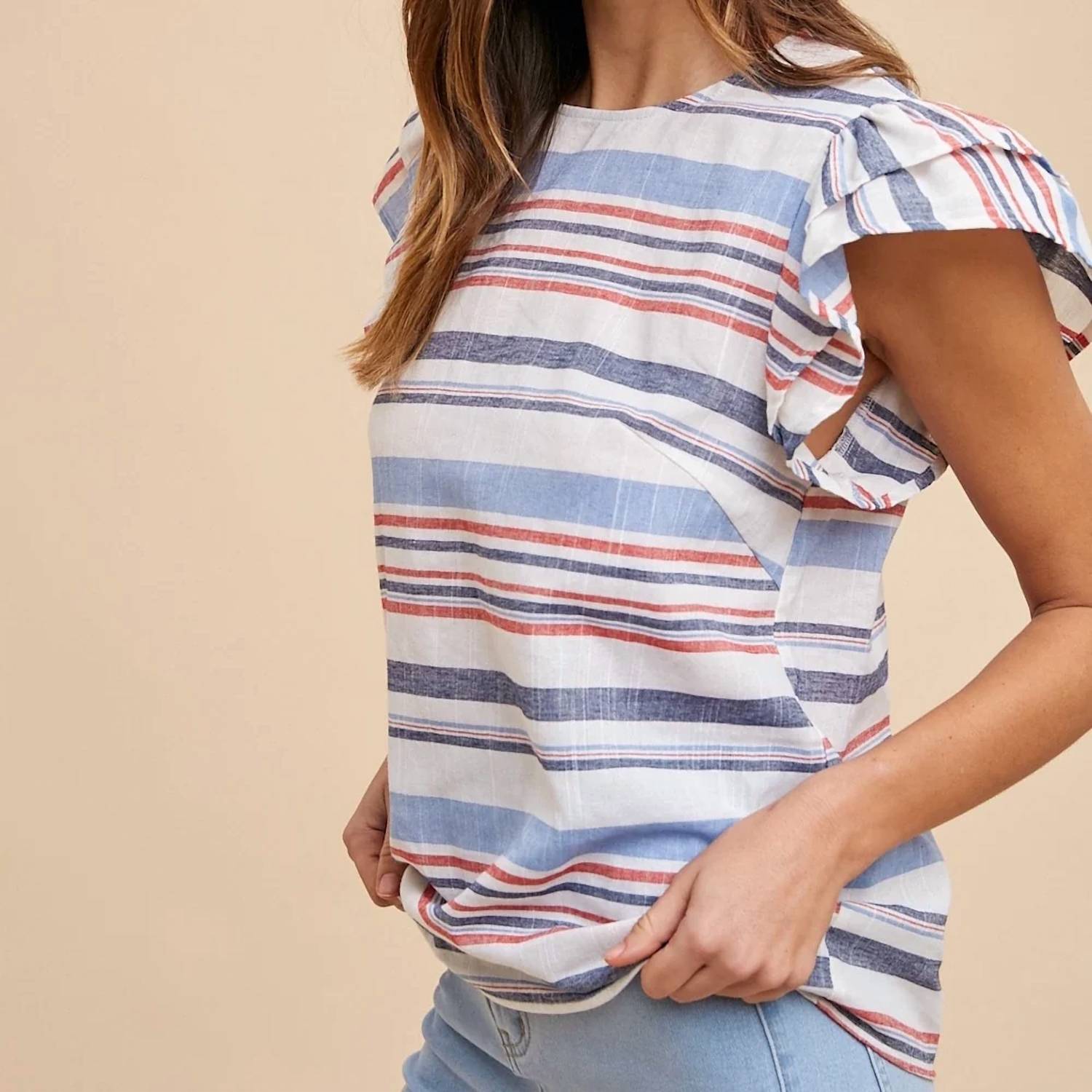 Anniewear - Striped Ruffle Sleeve Top