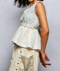 Pol - V-neck Ruffle Embroidery Sleeveless Woven Top