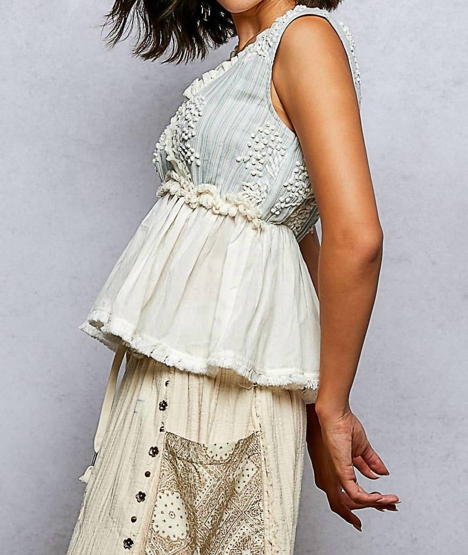 Pol - V-neck Ruffle Embroidery Sleeveless Woven Top